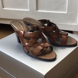 The perfect caramel brown braided leather heeled sandals